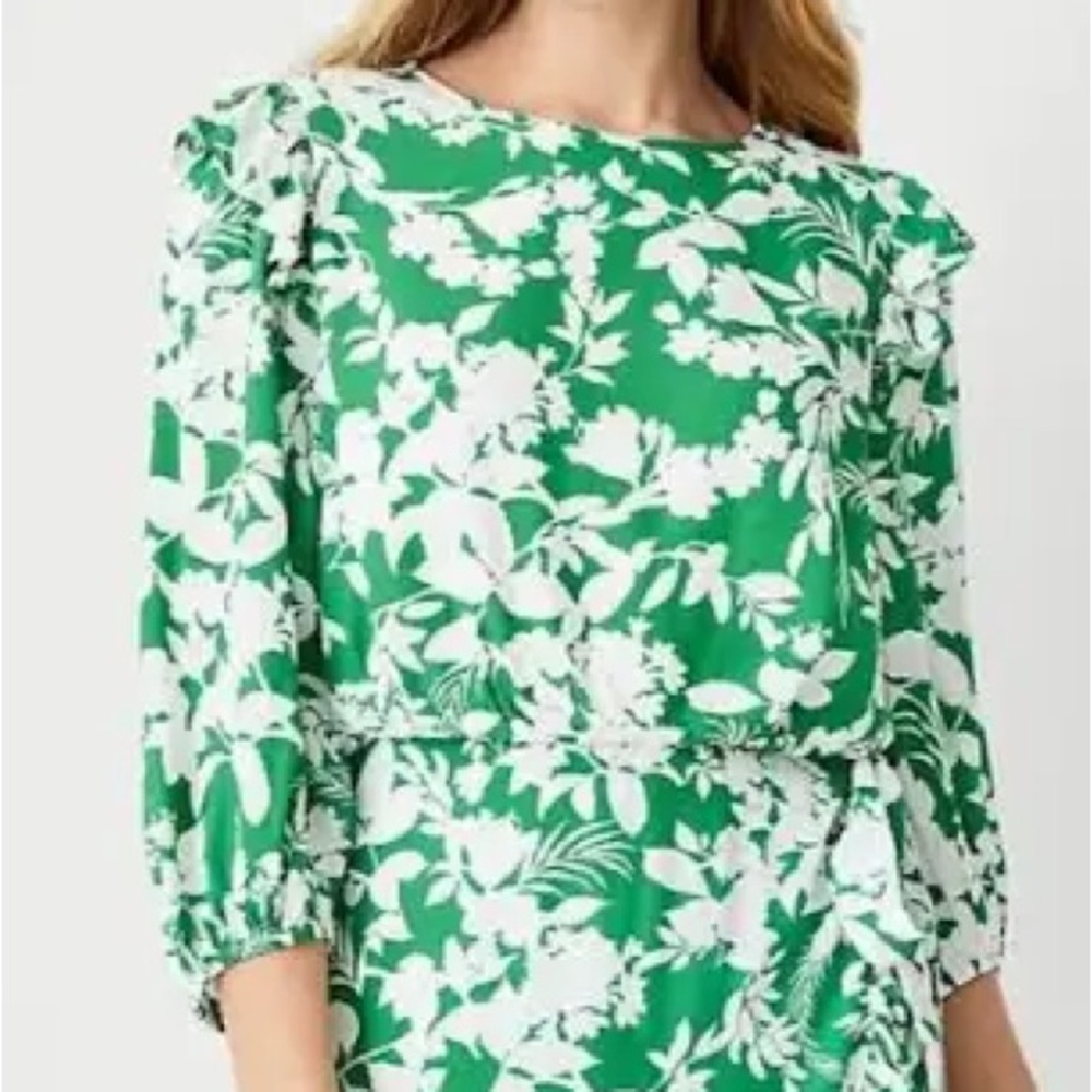 Ann Taylor Green and White Sheath Dress Sleeveless Crew Neck